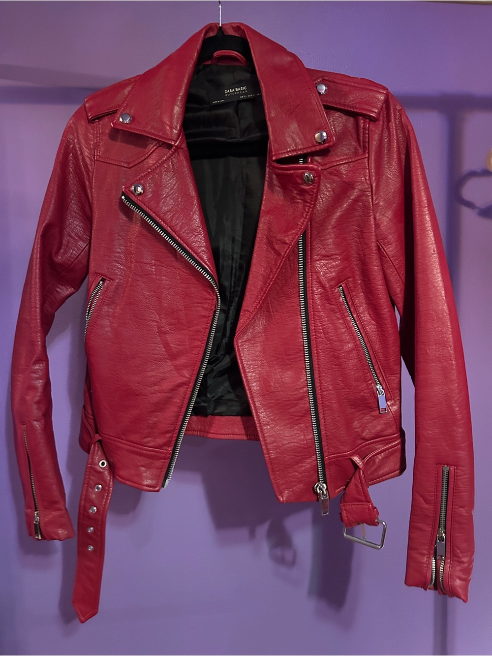 Zara Red Faux Leather Moto Jacket with Zip Details